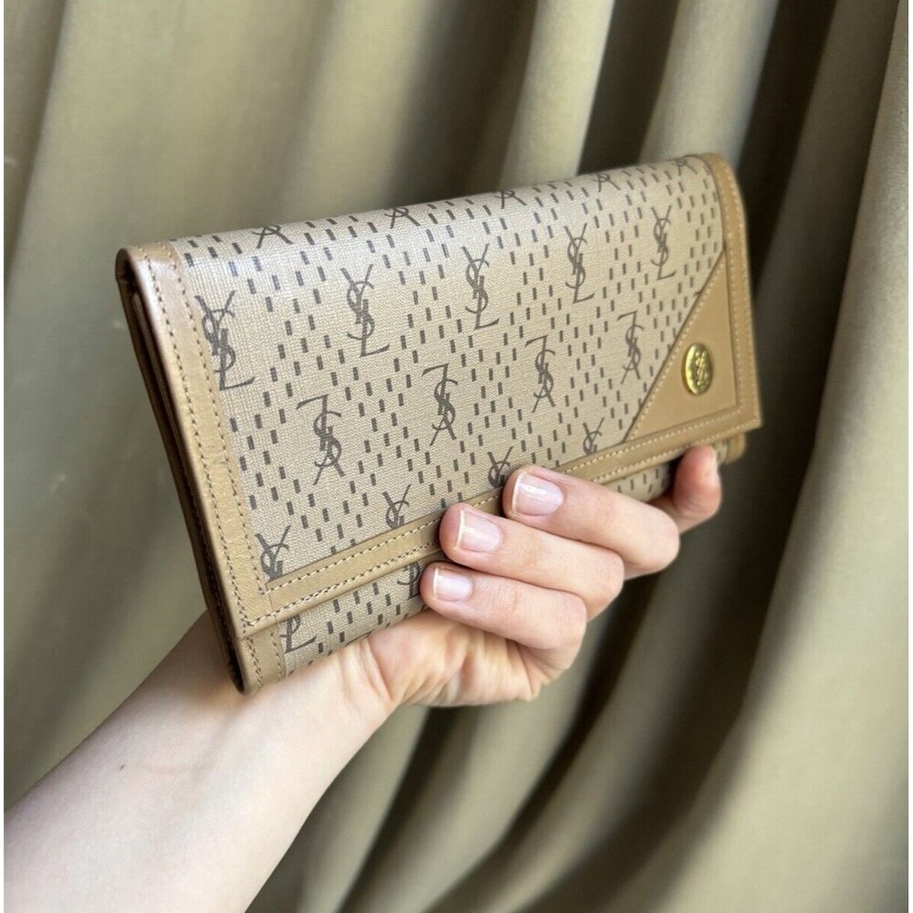 Yves Saint Laurent Continental Wallet Beige Tan Neutral Leather Canvas Tri